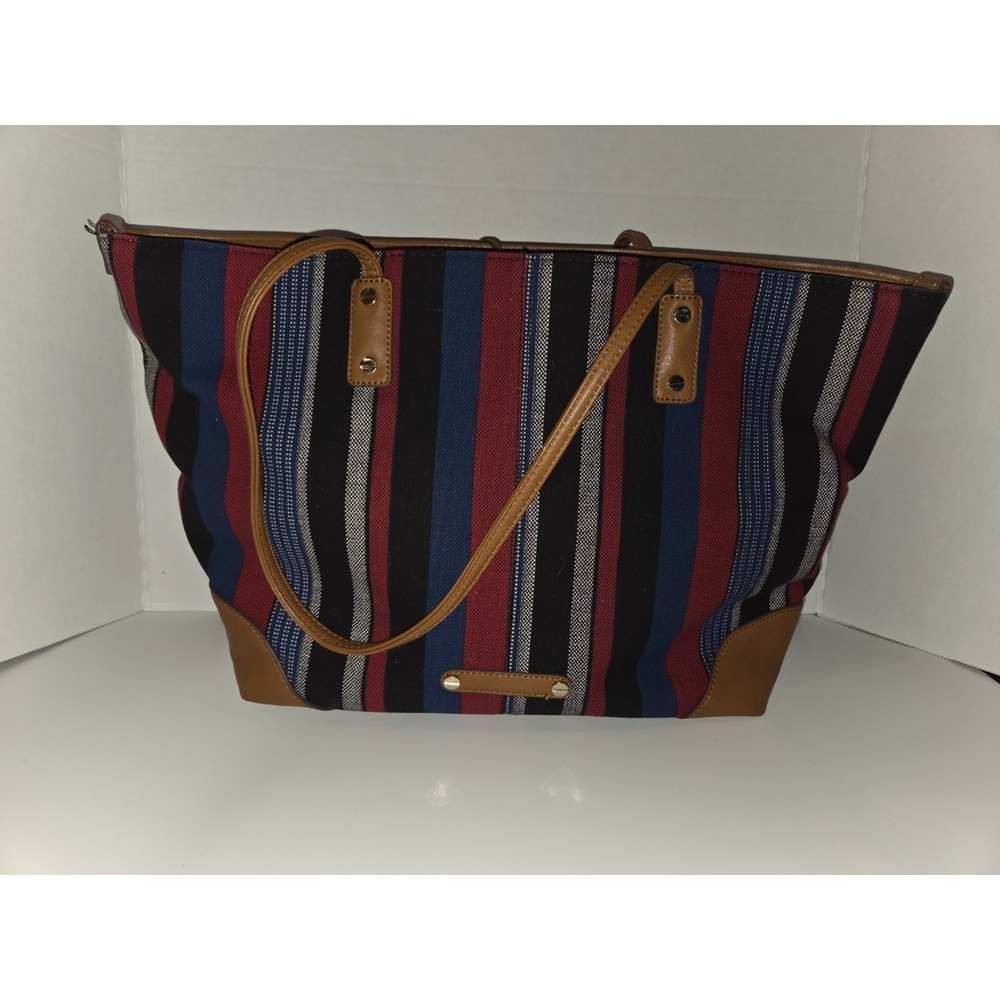 Large Striped Canvas Tote Shoulder Bag Fringe Tassels Red Blue